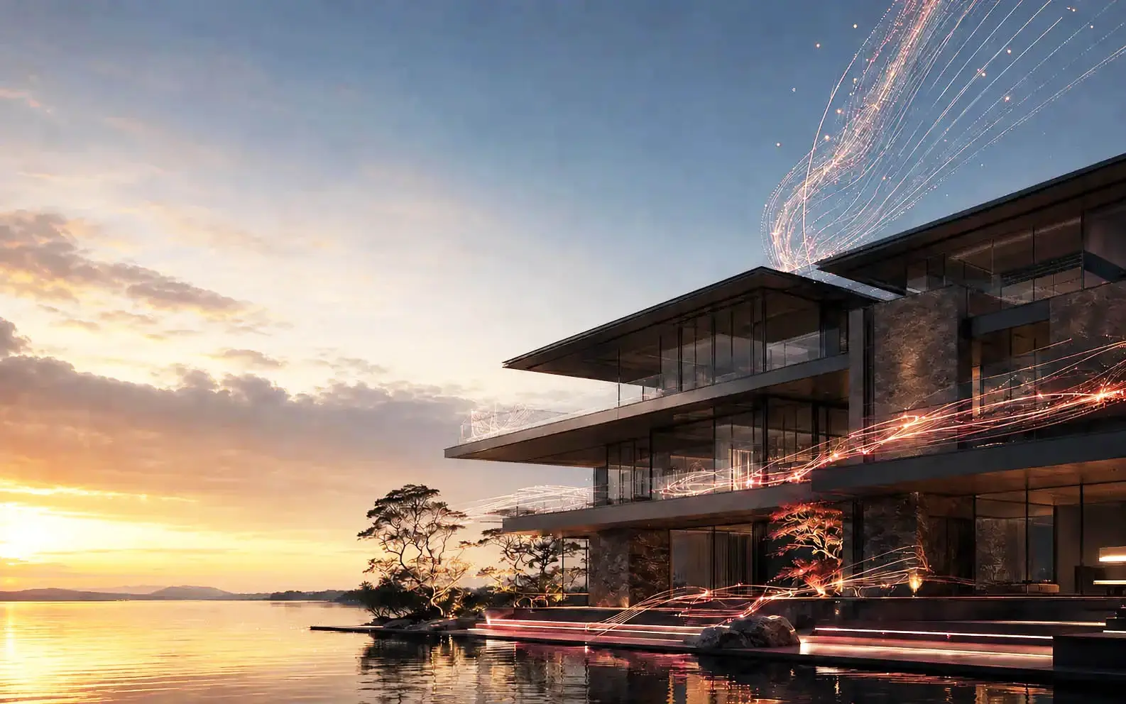 Residência de luxo integrada a fluxos visuais de inteligência artificial, passando do pôr do sol para a noite